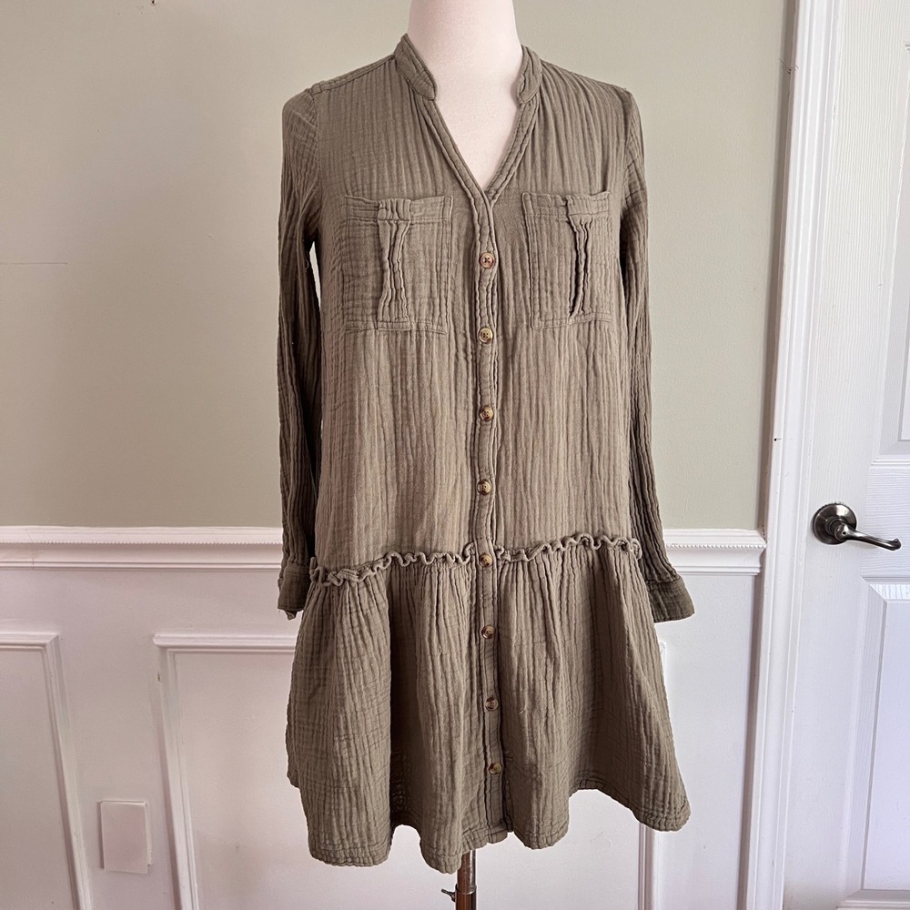 Maeve Anthropologie Gauze Mini Dress Womens 2 Olive Green Button Down Boho Tunic